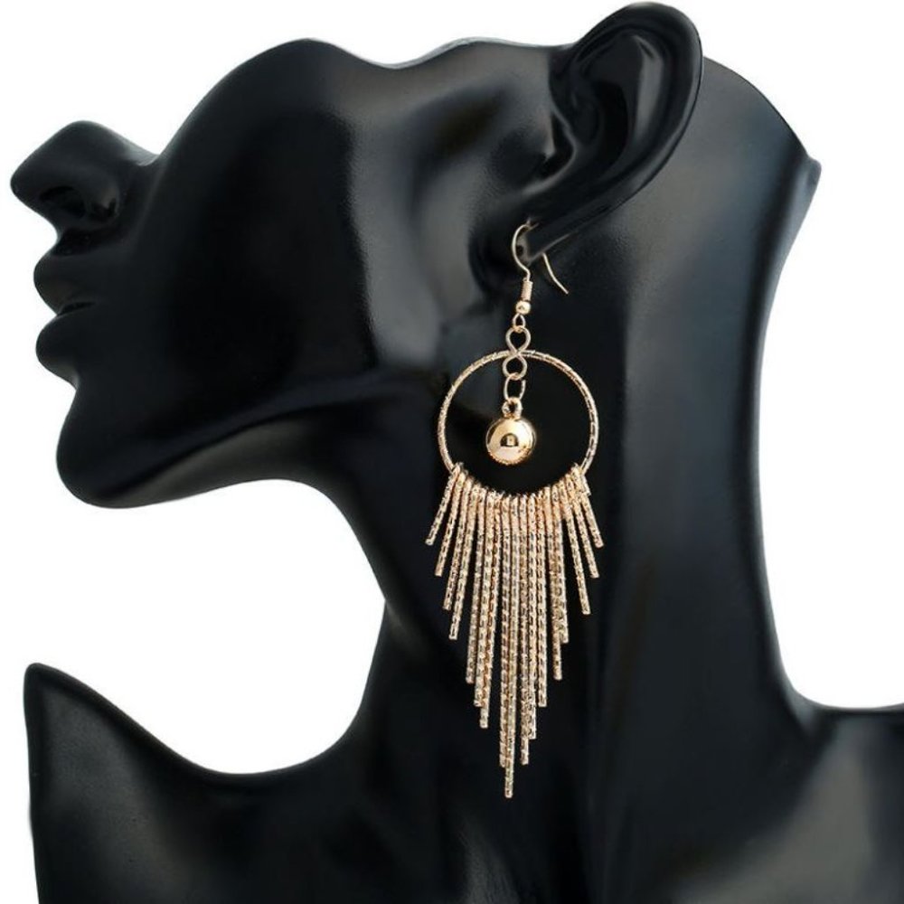Tassel Drop Statement Textured Hoop Earrings Gold